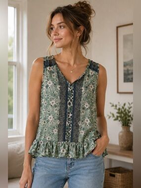 Rose & Thyme Elegant Floral Sleeveless Blouse in Green Size S Boho Ruffle Hem